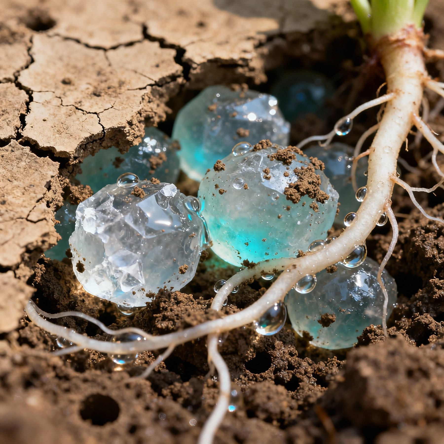 Les granules d'hydrorétenteur, gorgés d'eau, au contact direct des racines.