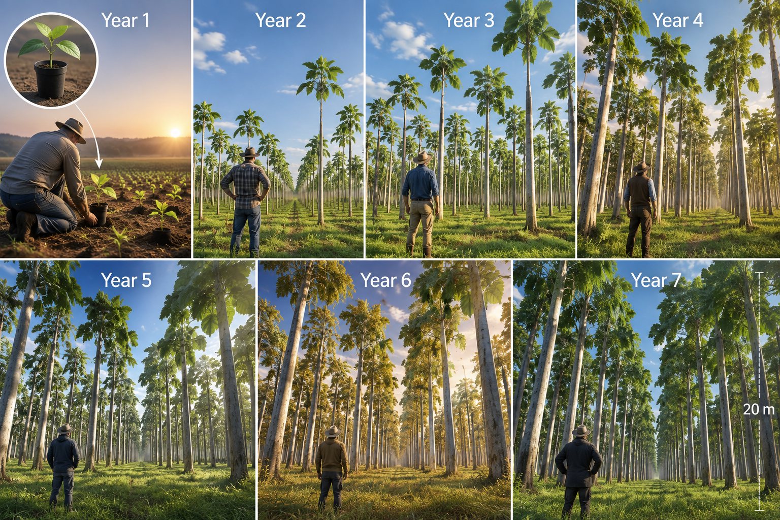 De la plantation à la récolte : sept ans de croissance, jusqu'à 20 mètres.